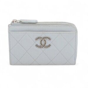 Chanel CC Logo Matelasse Caviar Skin Coin Card Purse Ice Blue